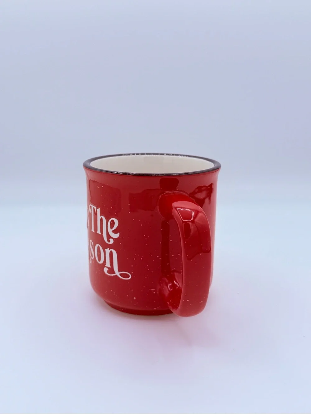 Tis The Season Red Speckled Ceramic Christmas Coffee Mug Black Rim 16 oz